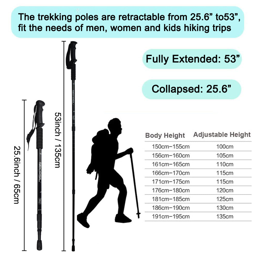 Lightweight Telescoping Hiking Poles with Adjustable Locking System - Collapsible Trekking Sticks