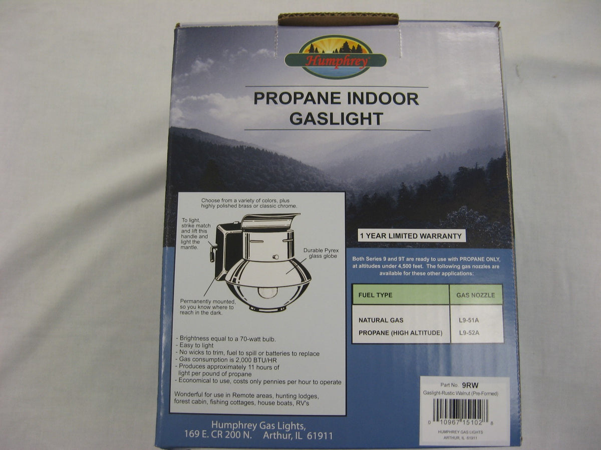 Indoor Propane Gas Light Rustic Walnut 9RW with Mantle - Made in USA