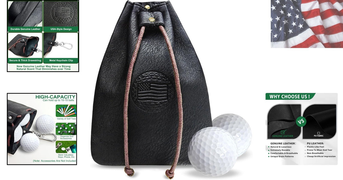 Genuine Leather Golf Valuables Pouch with USA Flag Design and Drawstring Lock