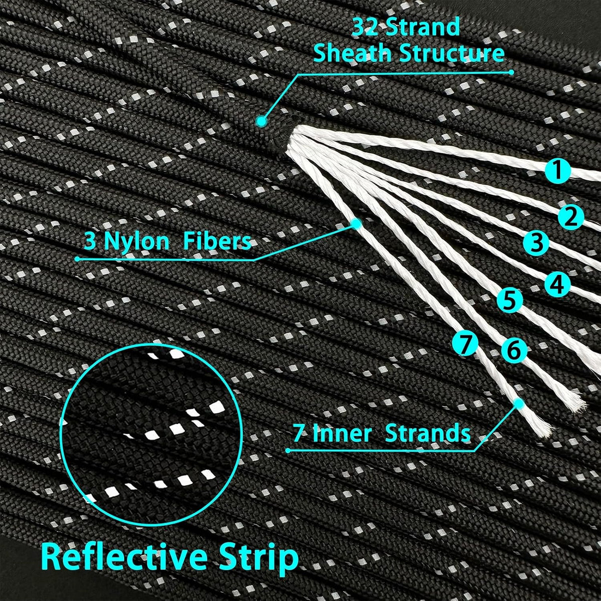 100FT Reflective Paracord Rope 550 Nylon 7 Strand Camping Tent Cord 4mm