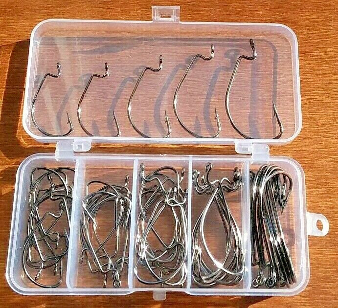 50 Count Black Nick Wide Gap Worm Hooks Assortment 5 Sizes for Fishing