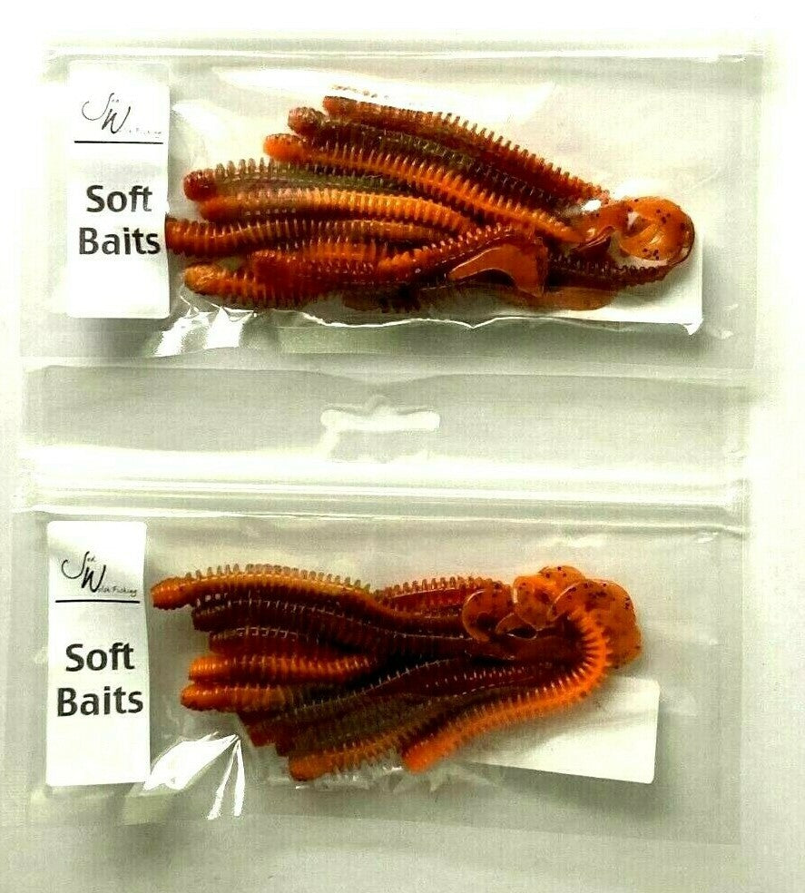 2 Pack Ribbed Curly Tail Worm Bait Set for Fishing - Brown & Orange Pepper Flake Colors