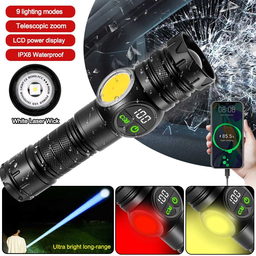 Rechargeable LED Flashlight Torch with COB Light Zoomable USB Portable
