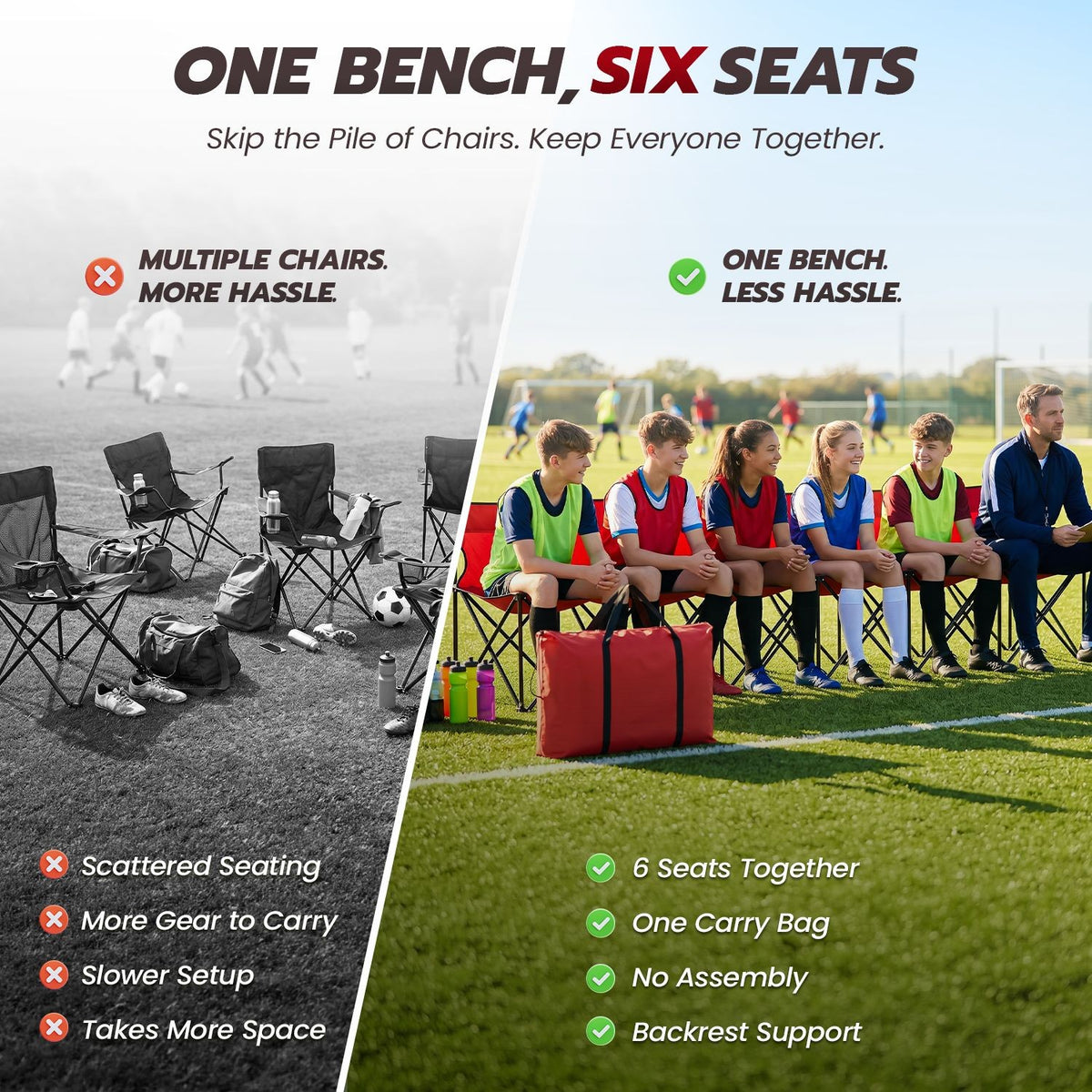 6-Person Collapsible Team Sideline Bench with Backrest - Red Sports Seating