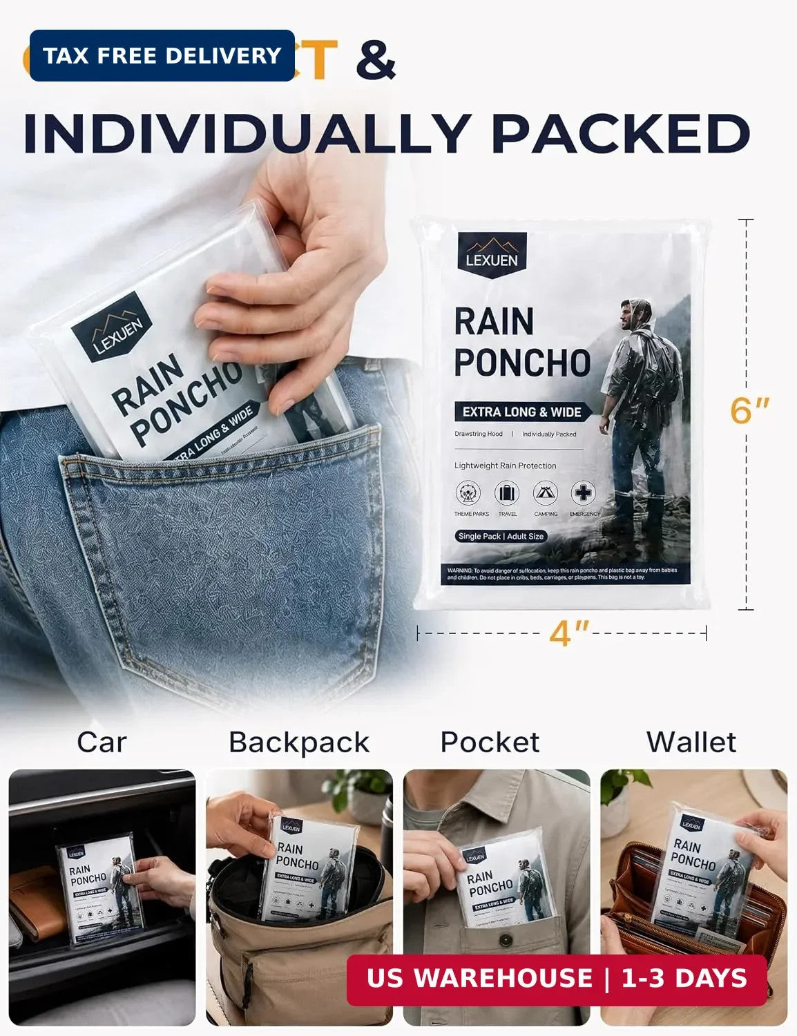 Disposable Rain Ponchos for Adults, Extra Long & Thickened with Drawstring Hood (5 Pack)