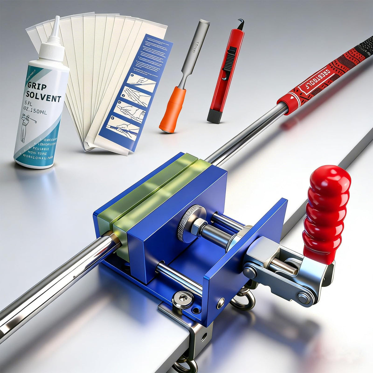 Golf Club Regrip Kit with Vise Clamp, Grip Tape, Solvent & Knife – Drill-Free Installation