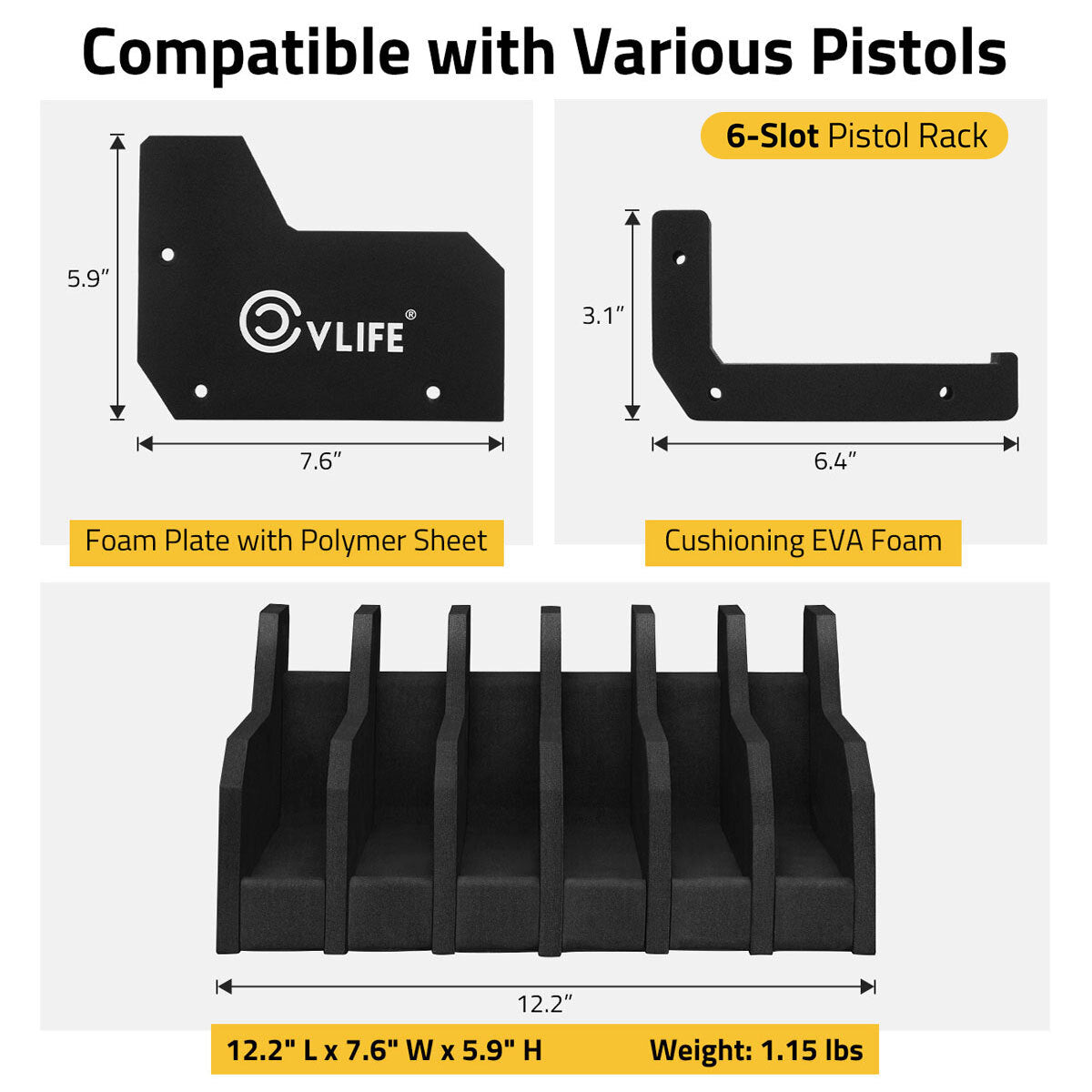 6 Slots Foam Pistol Rack Gun Holder Stand for Safe Storage and Organization