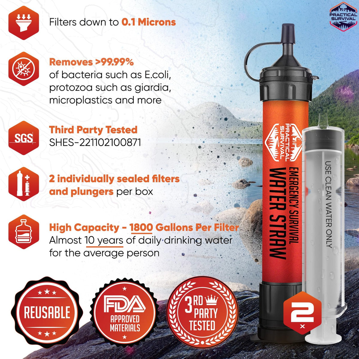 Reusable Emergency Water Filter Straws 2-Pack for Camping Hiking Survival