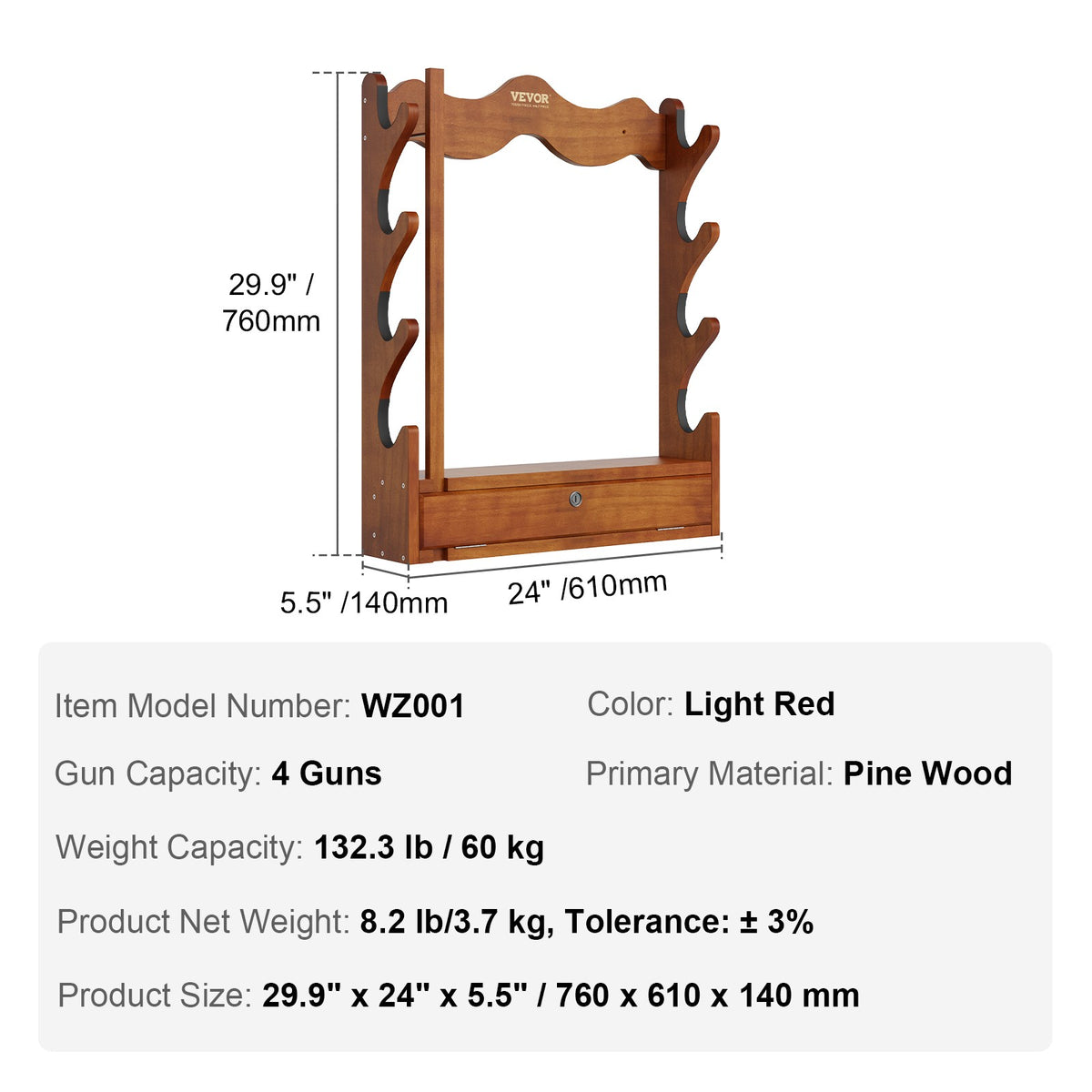 Wall Mount Gun Rack for Rifles - 4 Slot Wooden Display & Storage Shelf