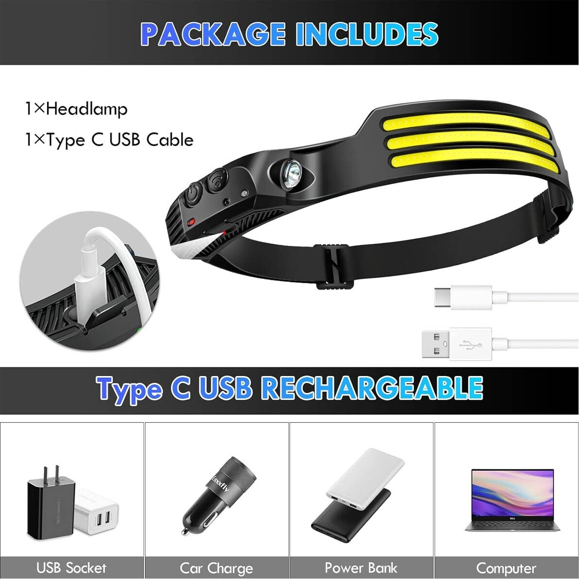 Waterproof COB Headlamp with Sensor & USB Rechargeable Battery - 230° Light, 5 Modes, Outdoor & Indoor Use