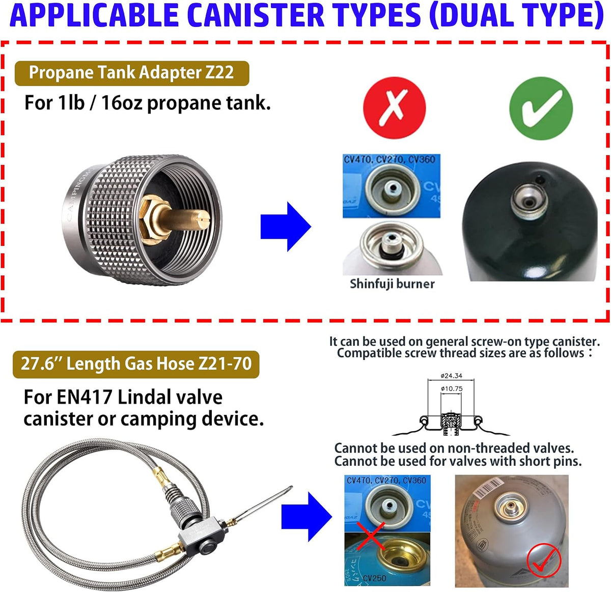 Propane to Butane Camping Stove Adapter with Hose Valve for 16oz Tanks