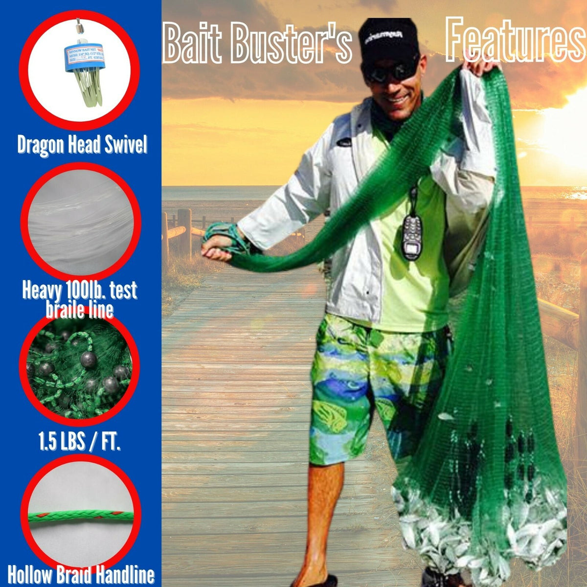Heavy-Duty Cast Net for Bait Fishing - 3/8" Mesh, Multiple Sizes