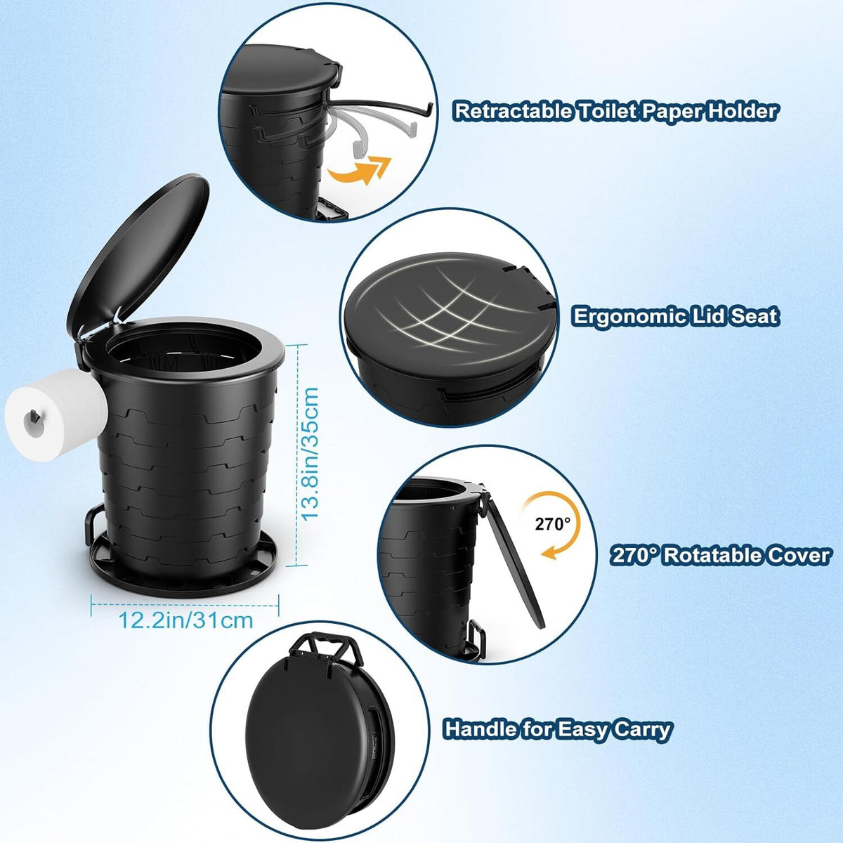 Portable Toilet for Camping with Retractable Design, Paper Holder & Lid