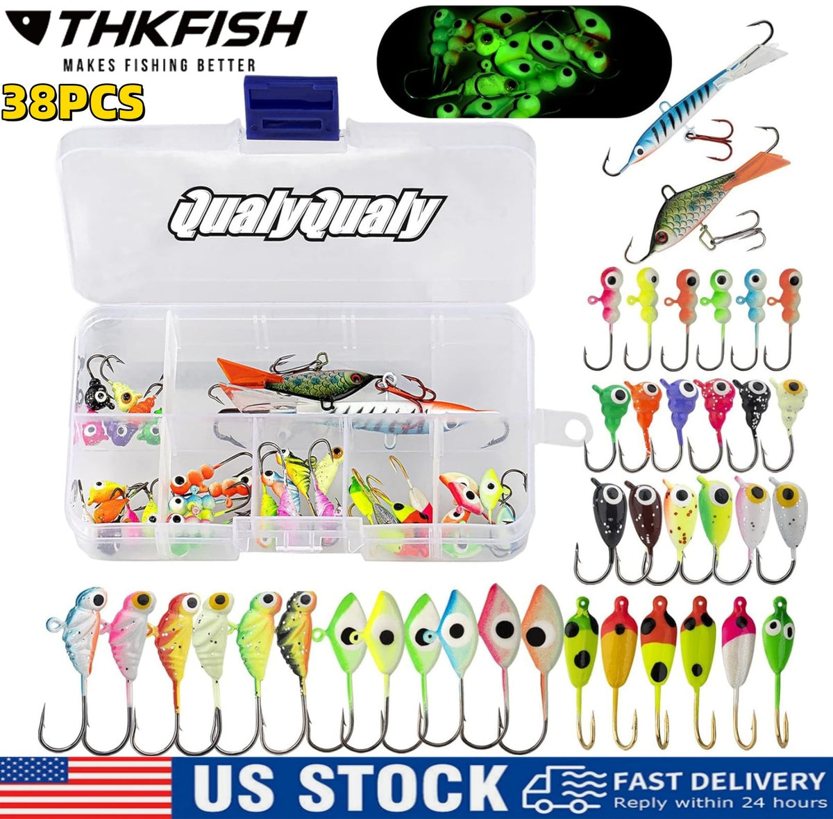38Pcs Ice Fishing Jigs Set Glow Lures for Perch Crappie Panfish - Tackle Kit