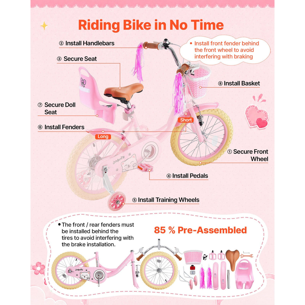 Kids' 16-Inch Bicycle with Training Wheels for Girls, Dual Brakes, Pink