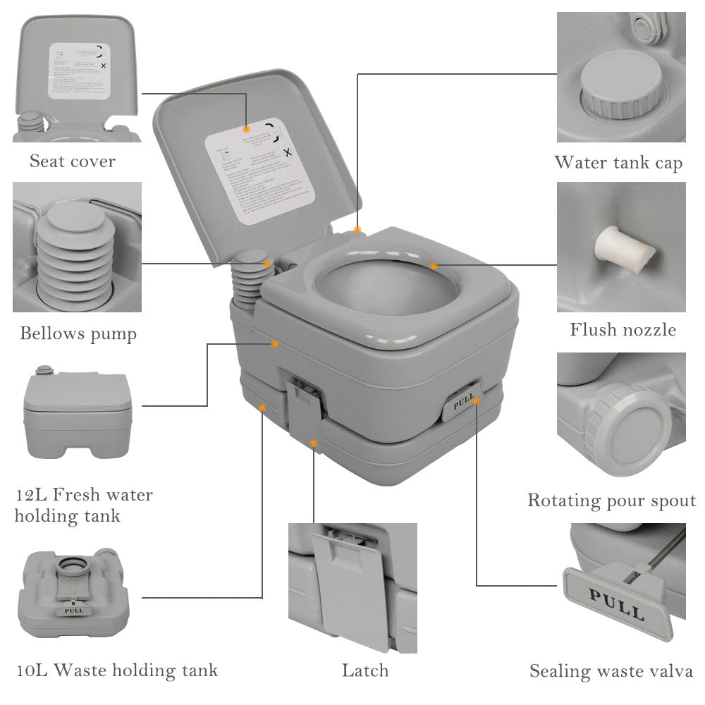 Portable Camping Toilet 2.8 Gallon 10L Flush Outdoor Travel Potty