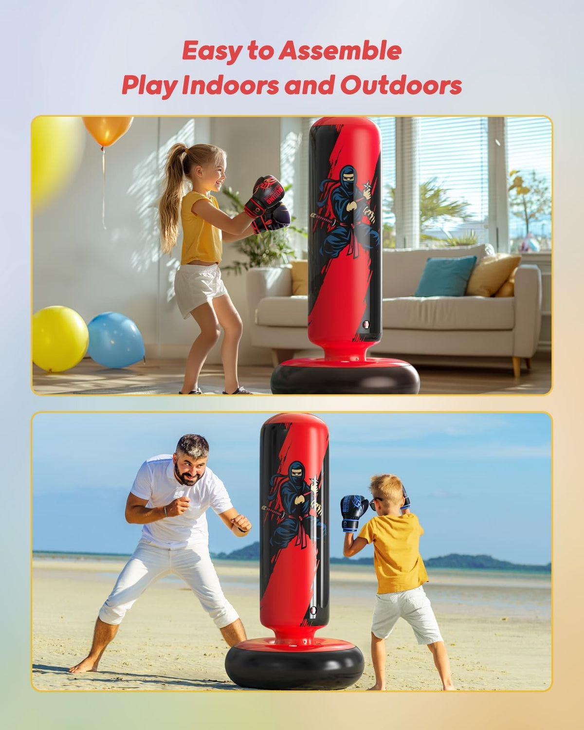 Kids Inflatable Punching Bag with Boxing Gloves - 66 inches Red