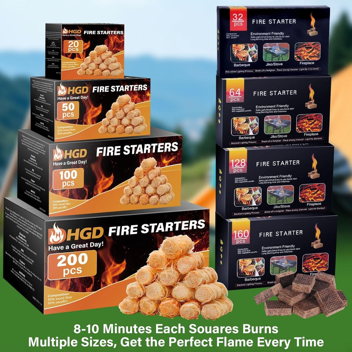 Fire Starter Squares 64 Pack - Odorless, Waterproof Camping & Fireplace Igniters