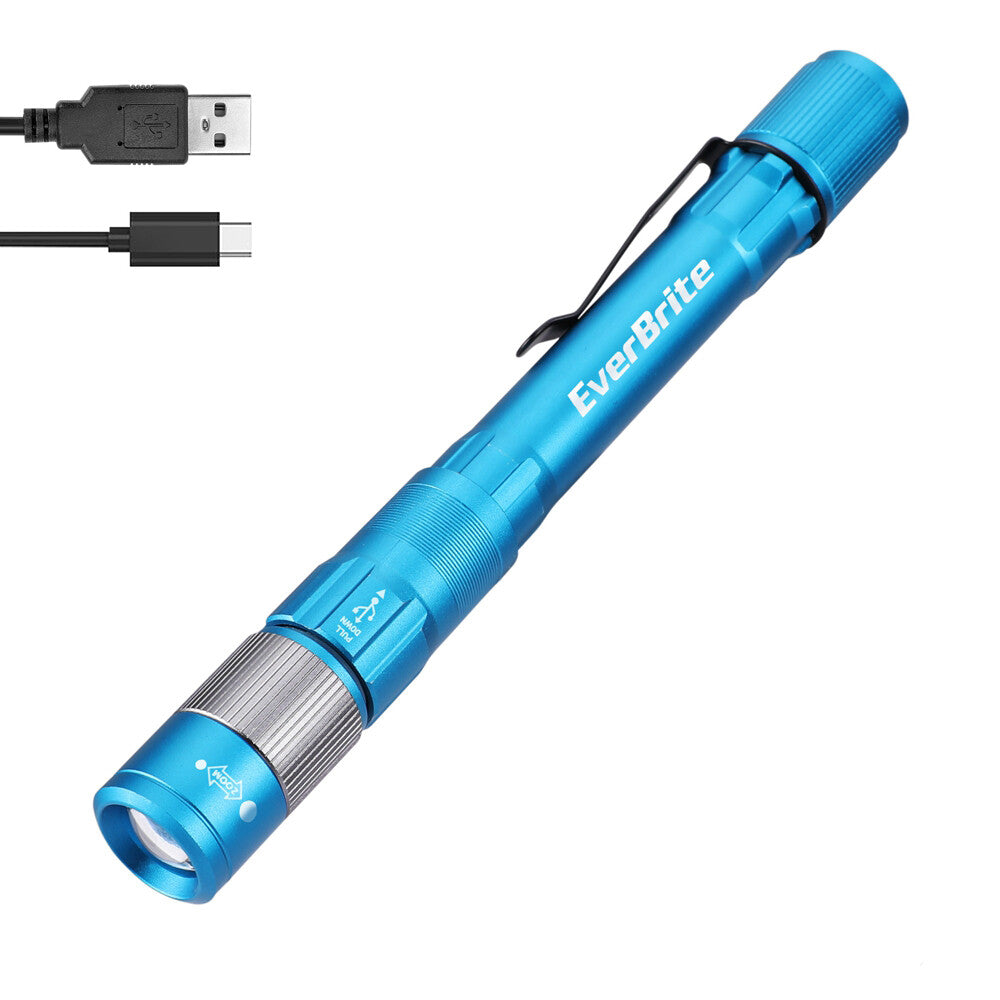Rechargeable LED Pen Light 300LM with Zoom & USB-C Cable - Portable Flashlight