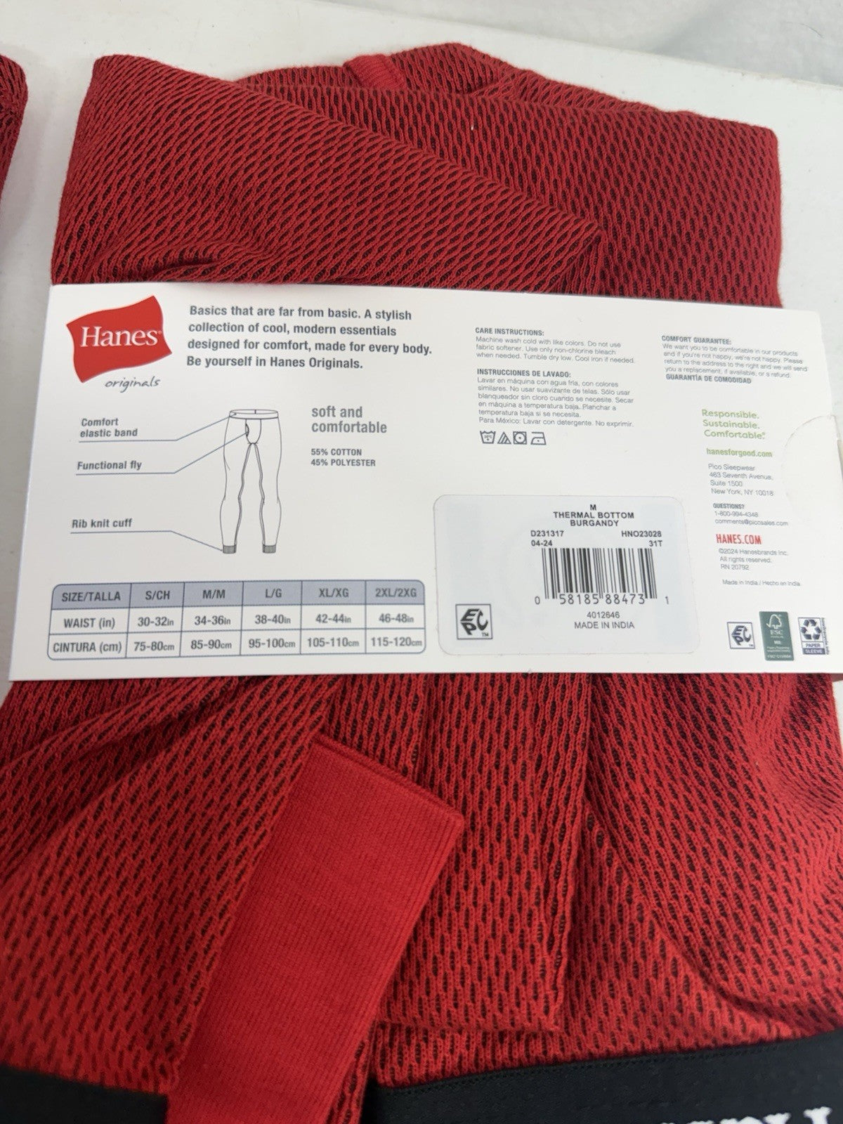 Hanes Men's Reversible Thermal Crew Top & Pants Set, Size Medium