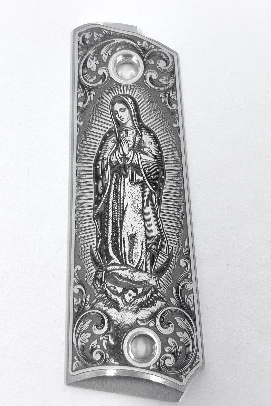 Full Size 1911 Aluminum Grips with Virgen De Guadalupe Engraving - Custom Firearm Accessory