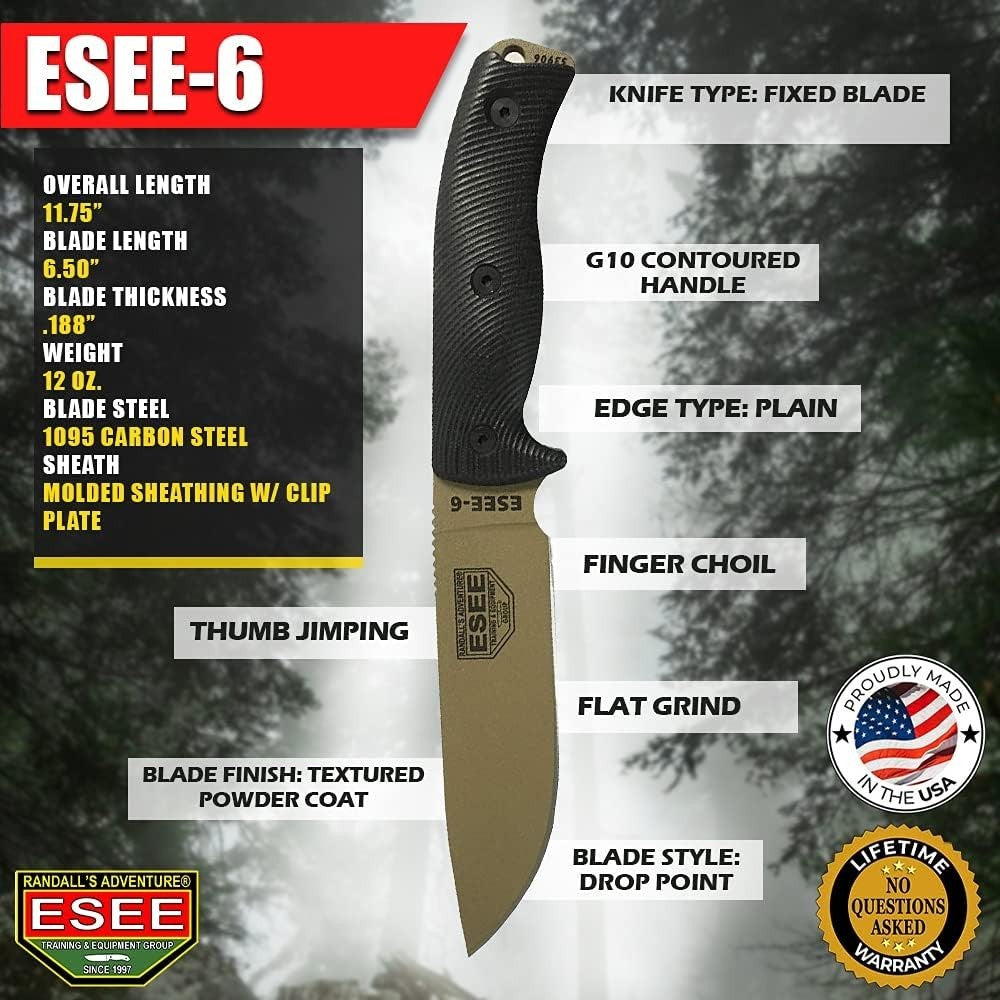 Fixed Blade Survival Knife 6.5 inch High Carbon Steel Black G10 Handle US Made