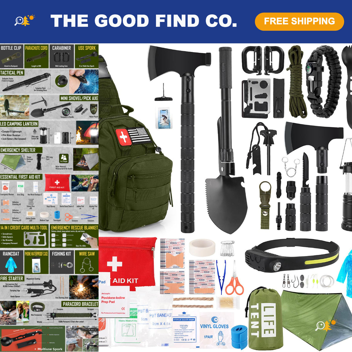 Emergency Survival Kit 268 Pcs with First Aid, Camping Axe, Headlamp & Tactical Gear