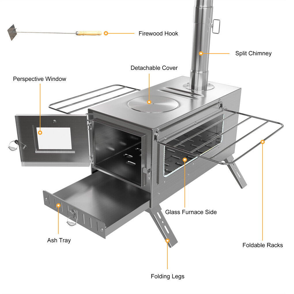 Stainless Steel Camping Tent Stove with Detachable Chimney and Cooking Function