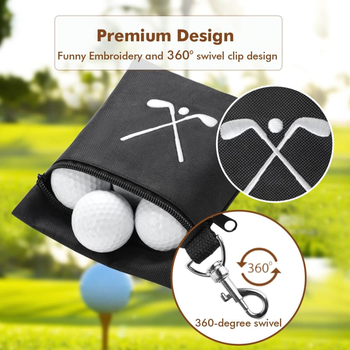 Golf Accessory Pouch Waterproof Ball & Tee Organizer with Swivel Clip