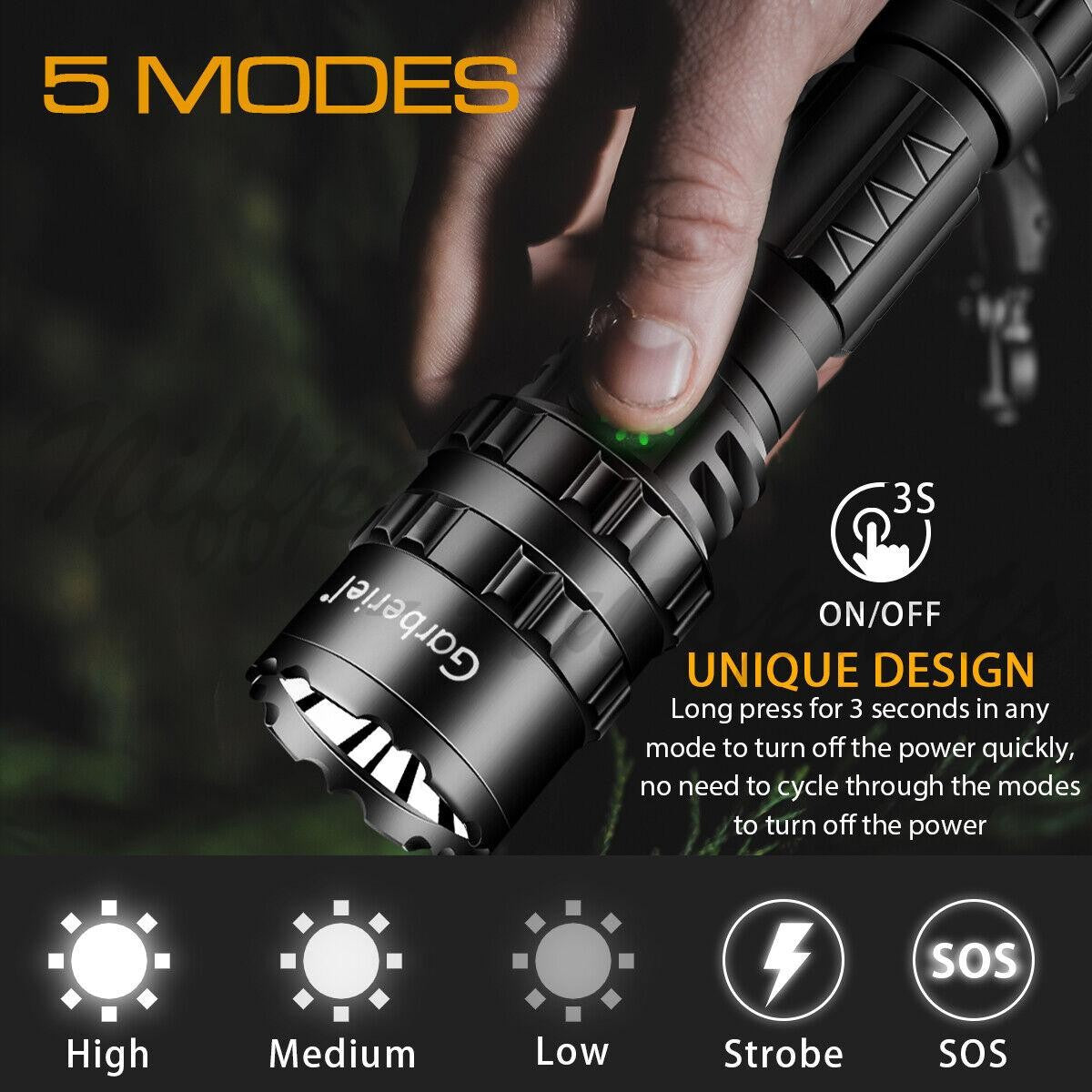 High Power Tactical LED Flashlight with Rechargeable Battery, IP6 Waterproof