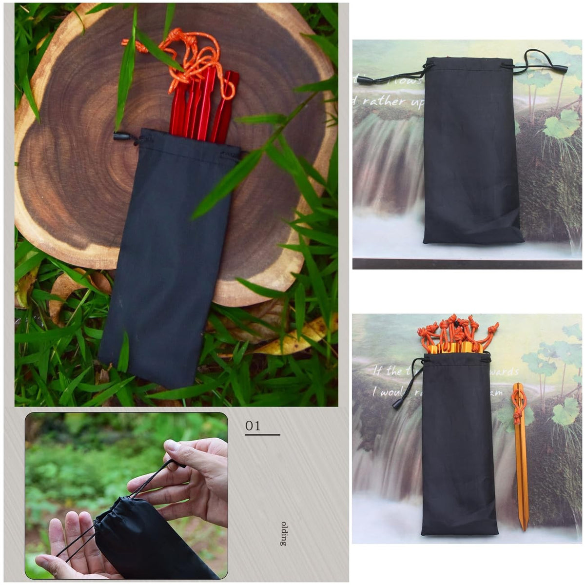 6 Pack Aluminum Tent Stakes Bag with Drawstring Storage Pouch - Camping Gear Organizer