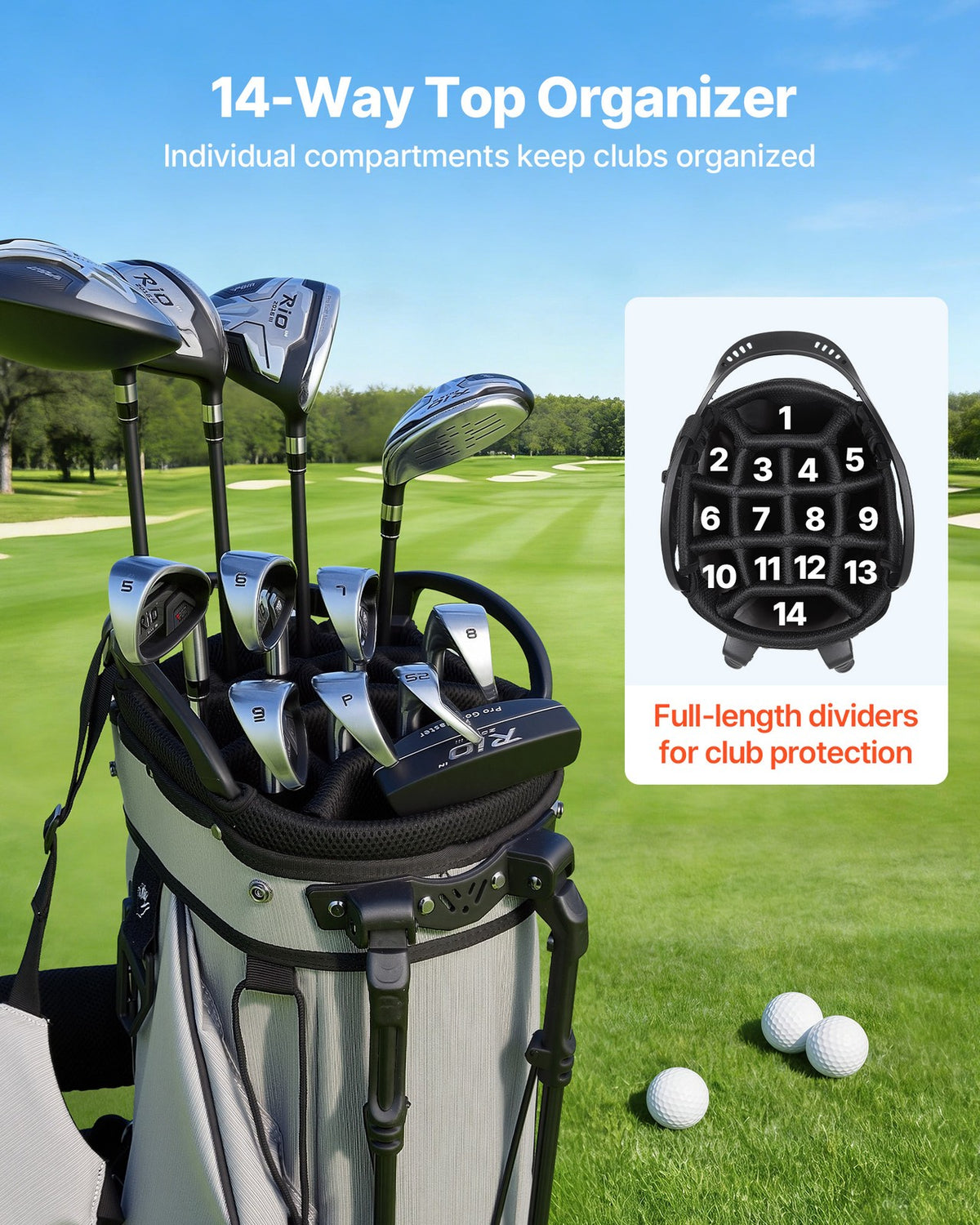 14-Way Golf Cart Bag with Dual Shoulder Straps & Rain Hood – Men & Women
