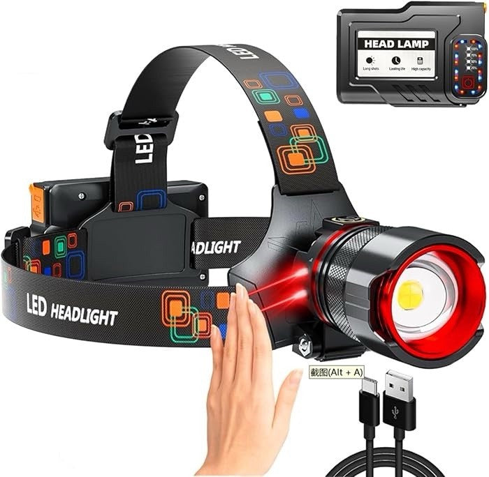 High Lumens Rechargeable LED Headlamp with 12 Modes Waterproof Camping Headlight