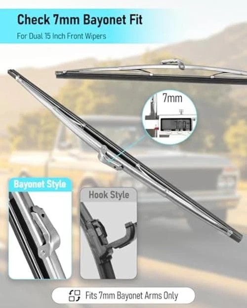 15 Inch Universal Windshield Wiper Blades Set - Silver Stainless Steel Frame, Dual Replacement