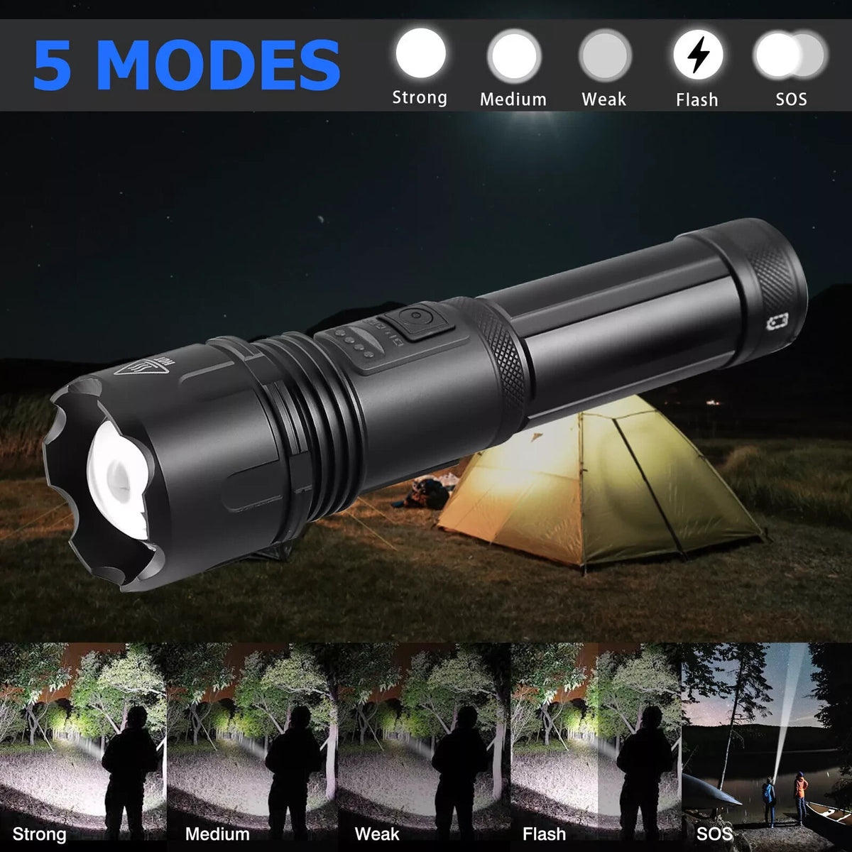 Super Bright Rechargeable LED Tactical Flashlight 1000000 Lumens, Waterproof, Focus Adjustable