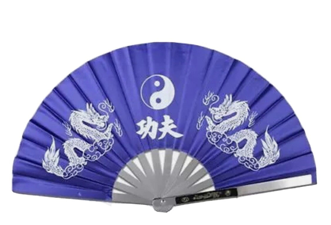 13-Inch Stainless Steel Martial Arts Fan with Dragon Design - Blue Tai Chi Weapon
