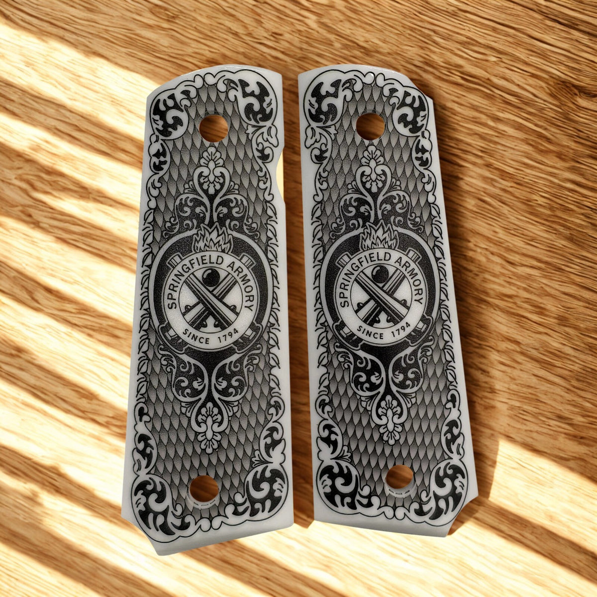 1911 Pistol Grips White Pearl Polymer with Springfield Logo - Custom Full Size Fit