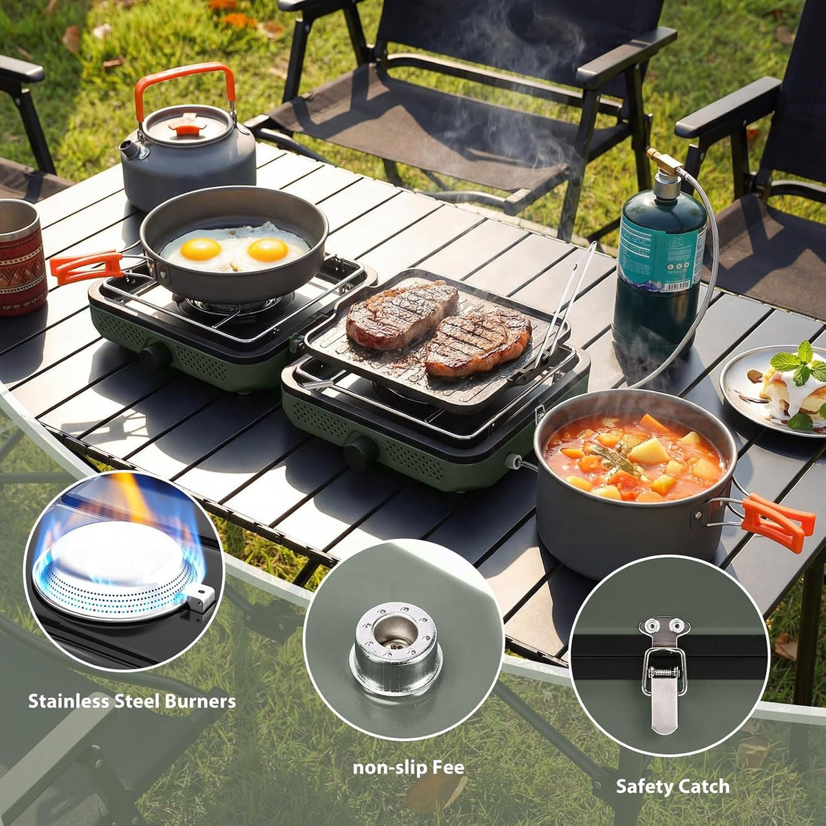 2 Burner Portable Camping Stove with Foldable Design and Cookware