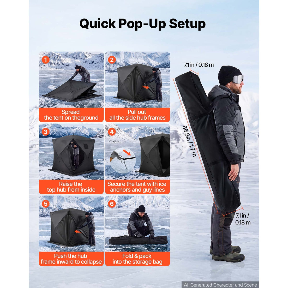 Pop-Up Ice Fishing Tent for 3-4 People - Portable 90x90x77in Shelter