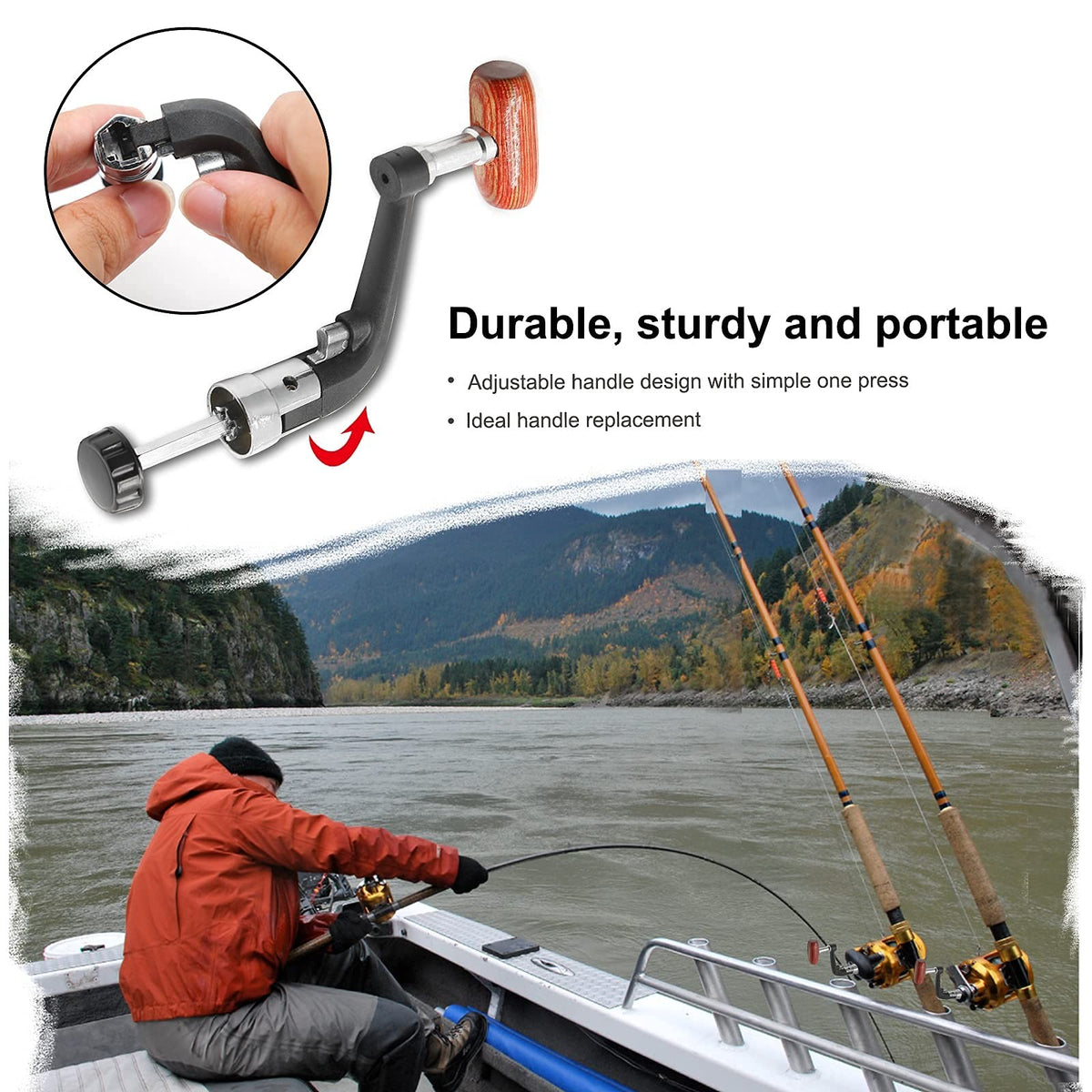 Large Fishing Reel Handle Replacement Set for Spinning Reels - Durable Metal & Wooden Knob