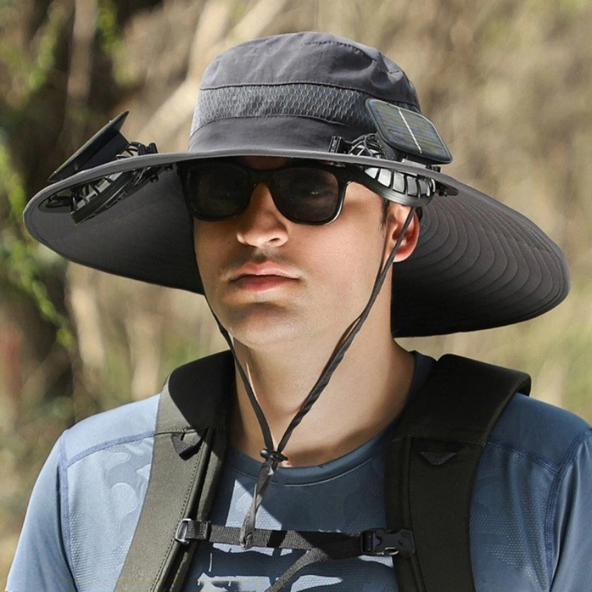Unisex Outdoor Wide Brim Sun Hat with Solar Fan UV Protection for Hiking Camping