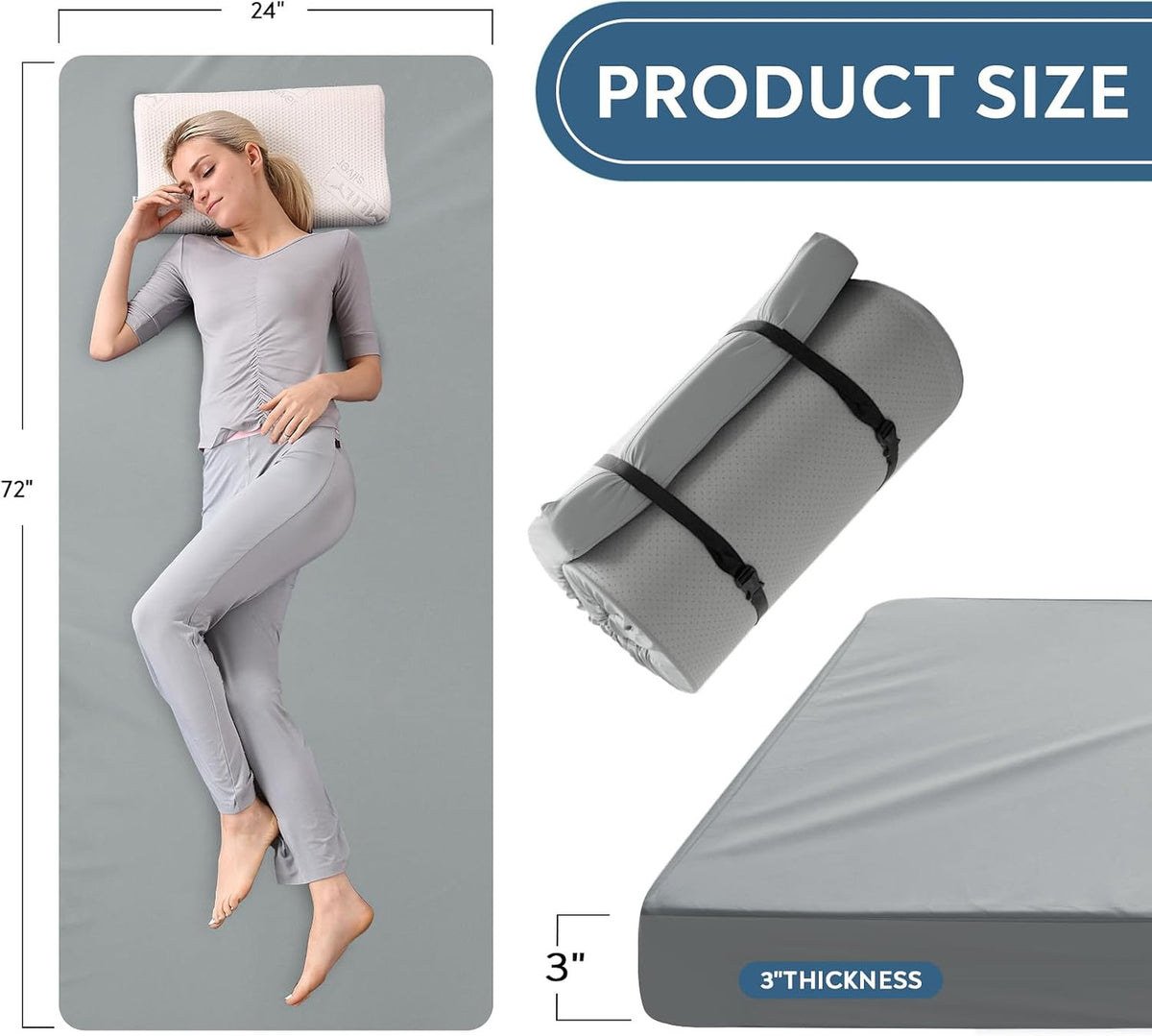 Memory Foam Camping Cot Pad with Waterproof Cover 72x24x3 Inch