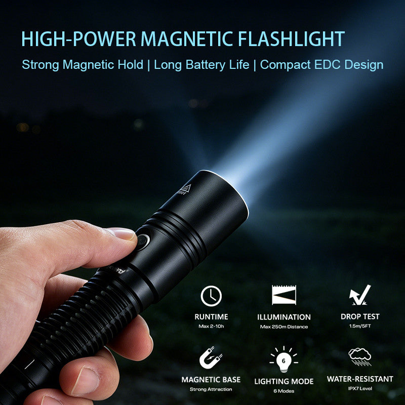 Rechargeable LED Tactical Flashlight with Magnetic Base - High Brightness, Durable Aluminum Body