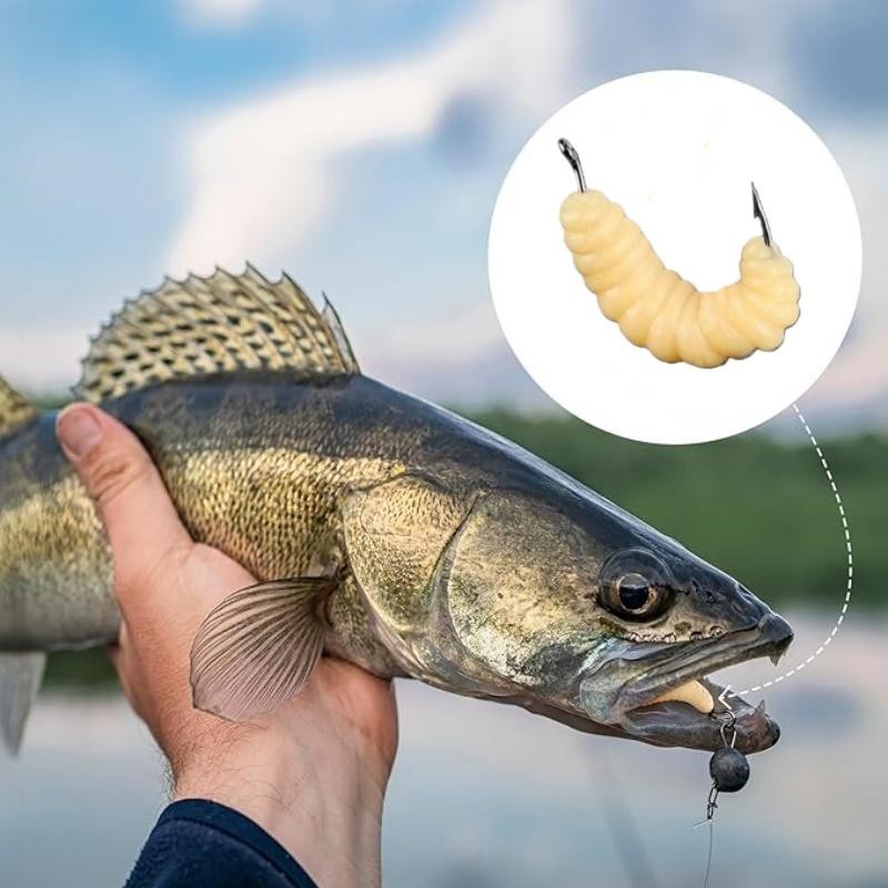 Rubber Maggots Fishing Lures Set with Hooks for Bass Trout Crappie Bluegill - Multiple Sizes