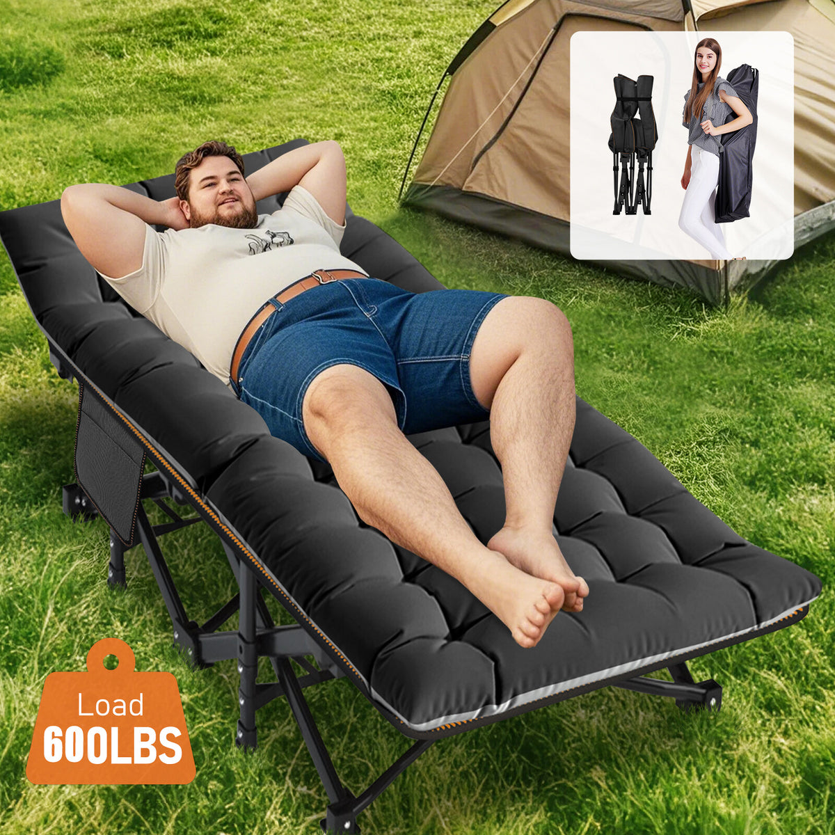 Heavy Duty Folding Camping Cot Bed with Mattress Support - Oversized & Standard Sizes