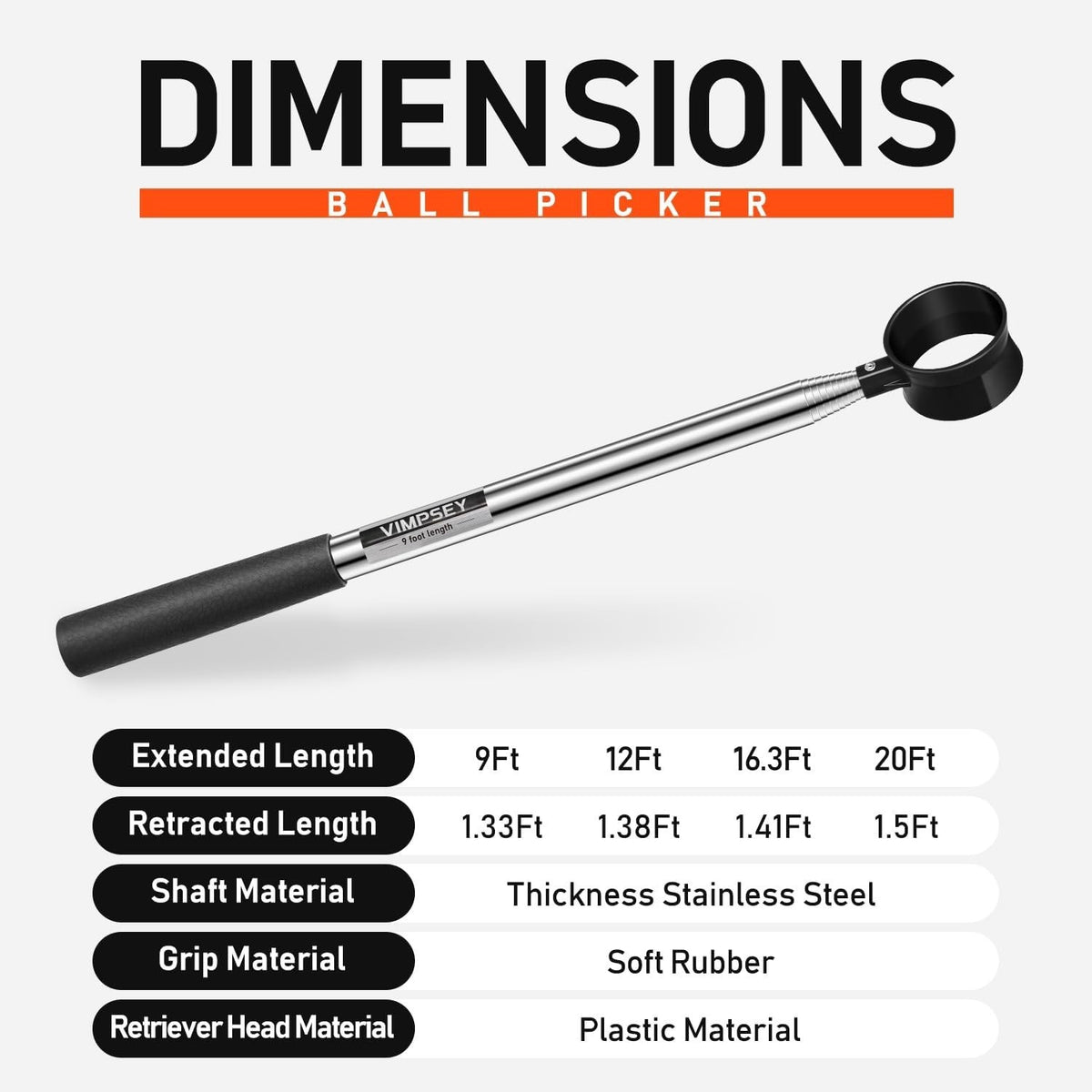 Telescopic Golf Ball Retriever 9 to 20 Feet Stainless Steel with Double-Sided Cup