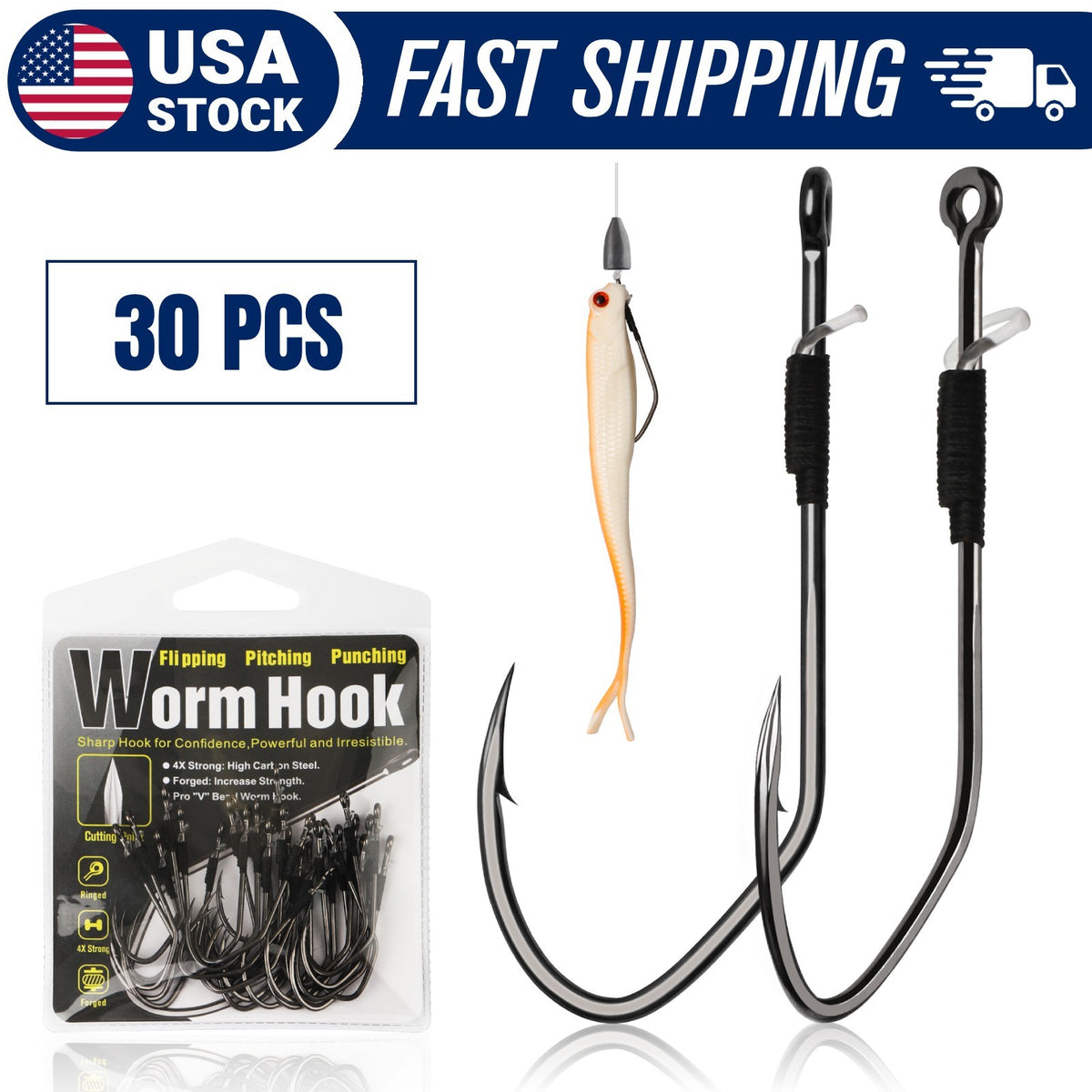 Baitkeeper Worm Hooks 30PCS Saltwater and Freshwater Fishing Hooks