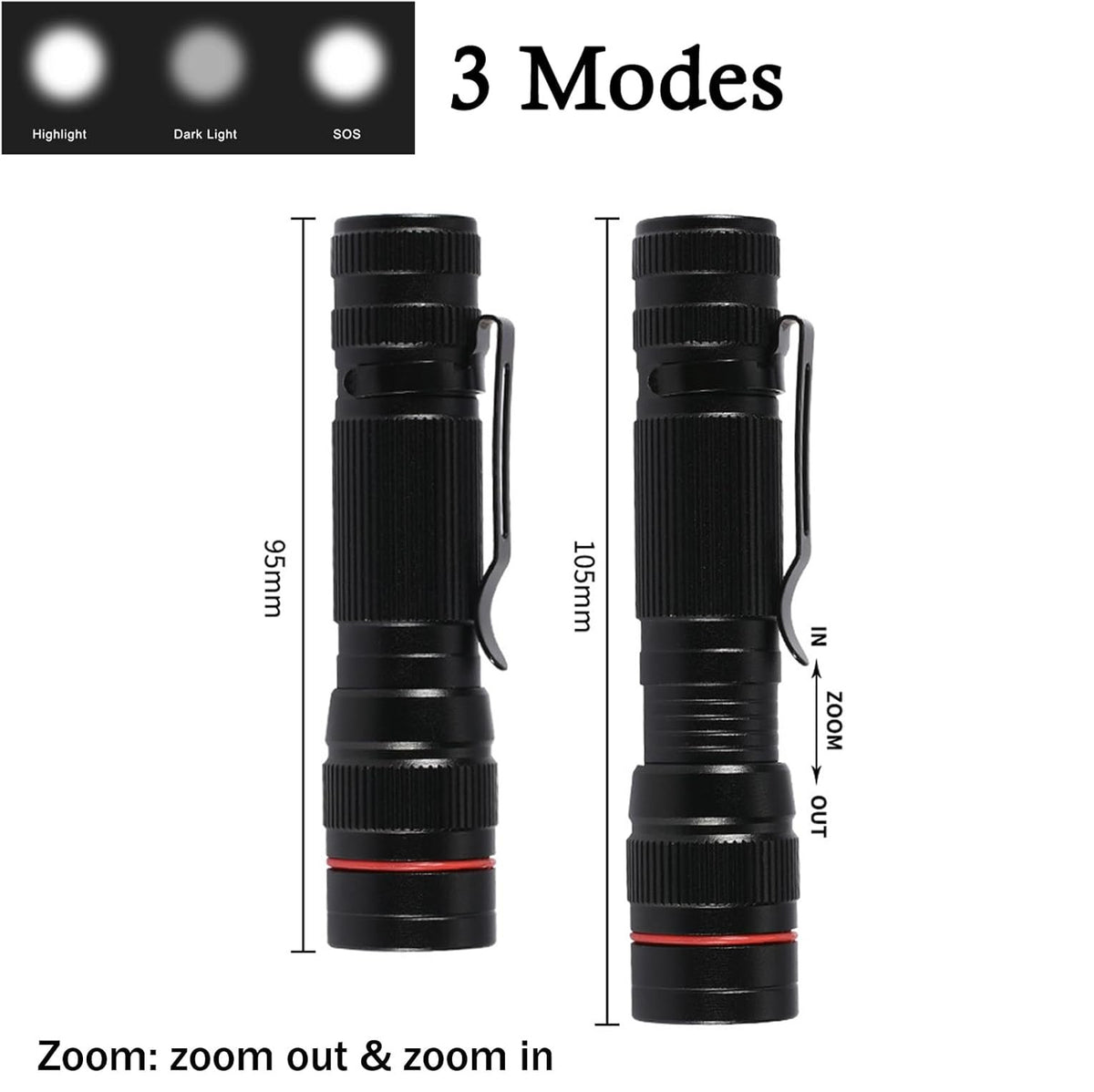 Super Bright Rechargeable Mini LED Flashlight with Zoom, 3 Modes, Portable