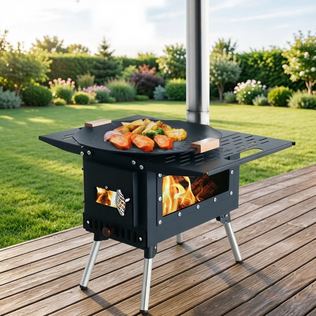 Foldable Camping Wood Stove with Chimney & Accessories - Portable Outdoor Heater & Cooker