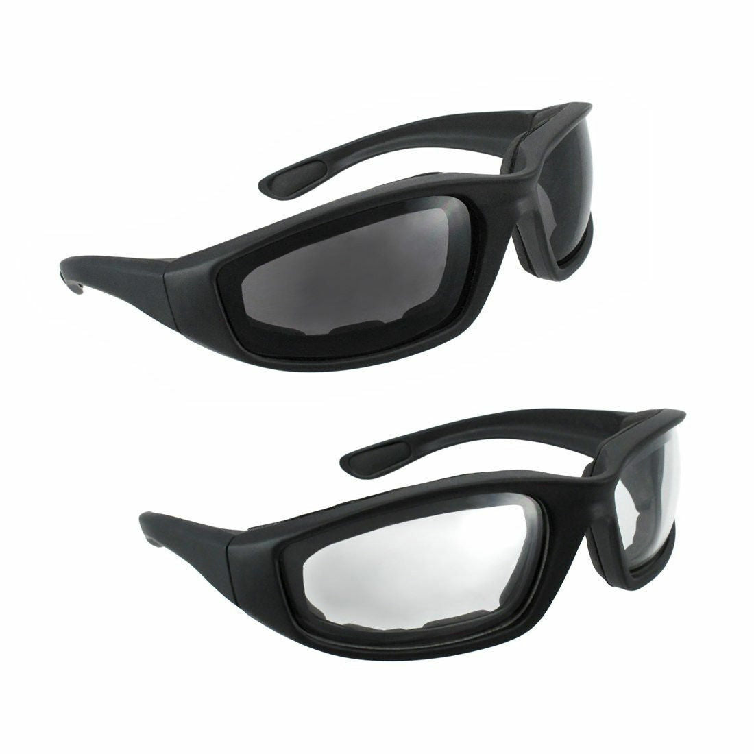 Motorcycle Riding Glasses 3 Pairs UV400 Shield Clear Smoke Yellow Padded Comfortable